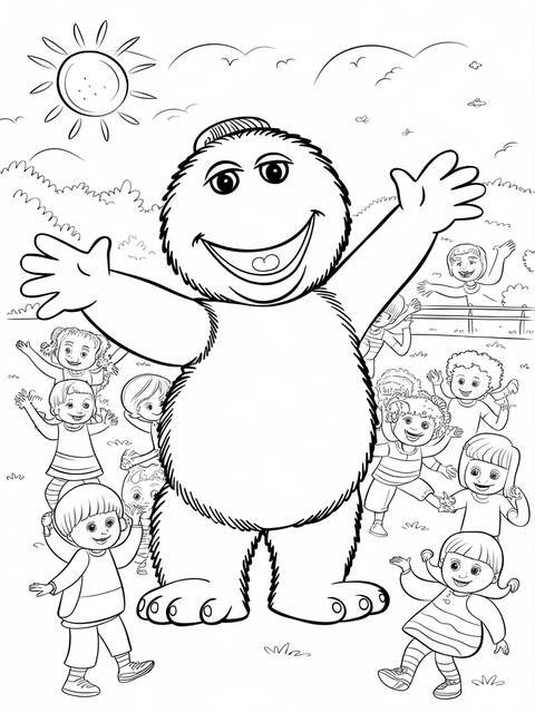 Barney the iconic children's entertainer with children, ready for coloring