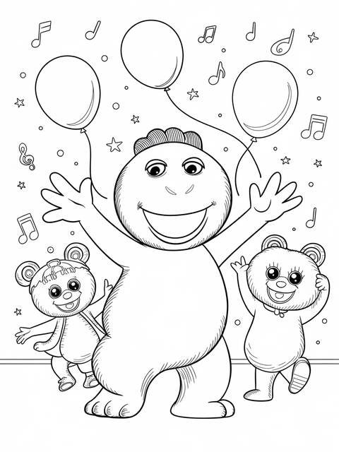 A coloring page featuring barney the dinosaur with balloons and two bear friends