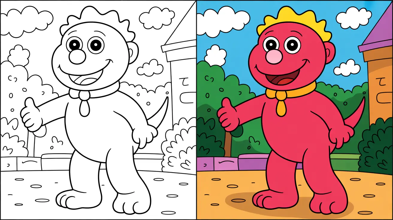 Barney coloring page: a two-panel image of the friendly dinosaur giving a thumbs-up