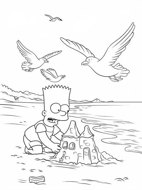 Bart simpson at the beach building a sandcastle, with seagulls flying overhead