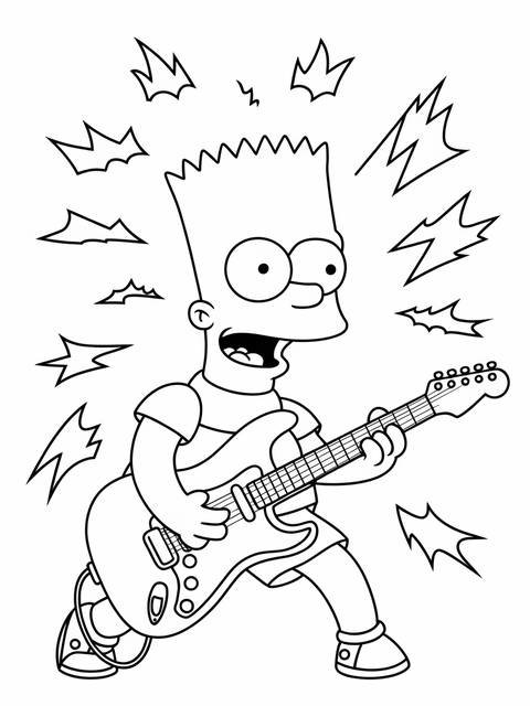 Bart simpson, from the simpsons, playing an electric guitar in a coloring page