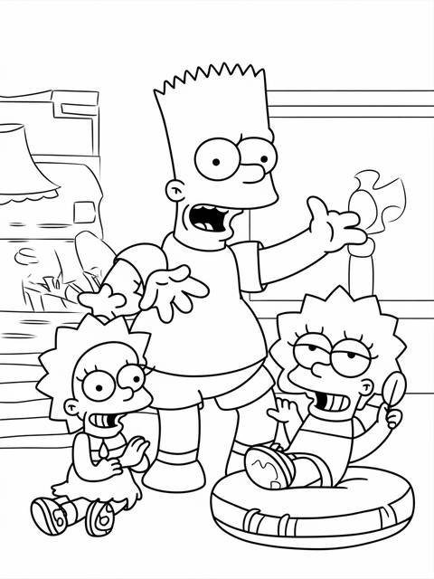 Bart simpson playing pranks with lisa simpson in a black and white coloring page