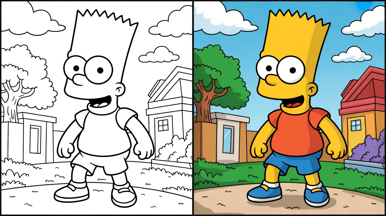 Bart simpson coloring page: a two-panel image, one colored, one as line art