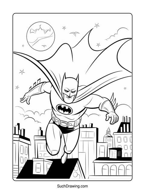 Batman coloring page, flying over a city with a moon in the background