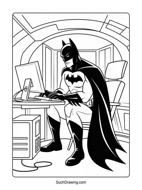 Batman in his suit, working on a computer in a high-tech environment