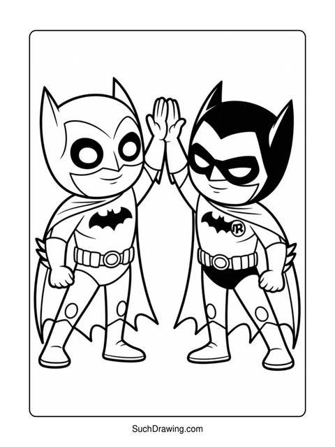 Black and white coloring page of batman and robin high-fiving each other