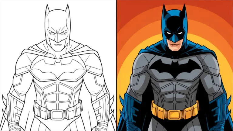 Batman coloring page, featuring a detailed outline and a colored version of batman
