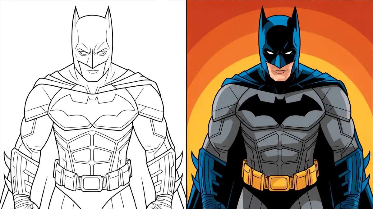 Batman coloring page, featuring a detailed outline and a colored version of batman