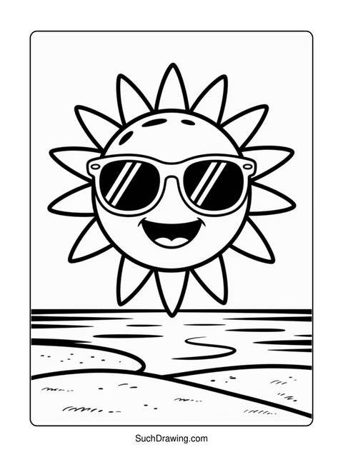 A black and white coloring page of a smiling sun wearing sunglasses