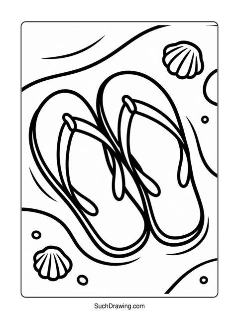 Black and white coloring page of flip-flops and seashells on sand