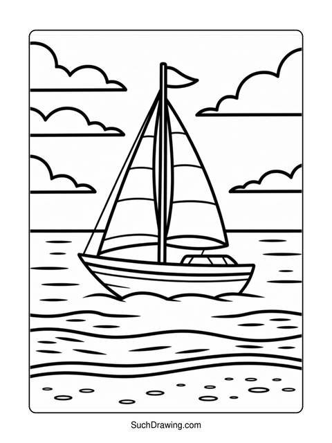 Black and white line drawing of a sailboat on the water with clouds
