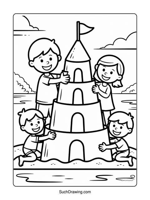 Black and white illustration of children building a sandcastle at the beach