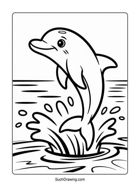 Line drawing of a dolphin jumping out of the water with splashes