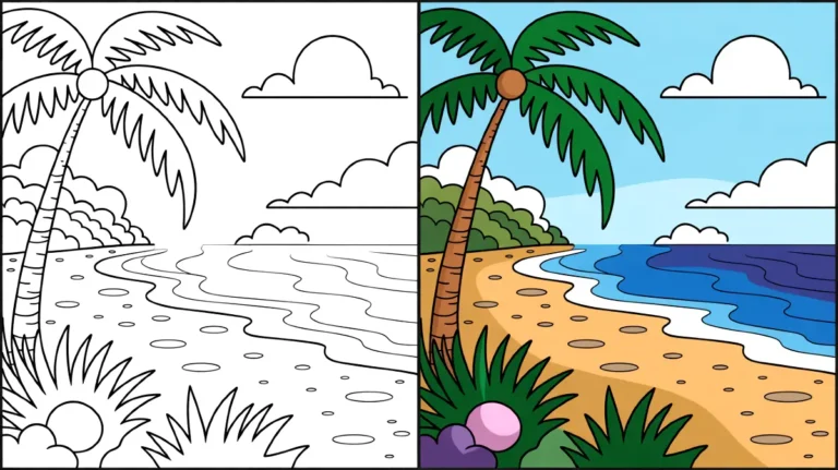 Beach coloring page featuring a palm tree, ocean, sand, and clouds