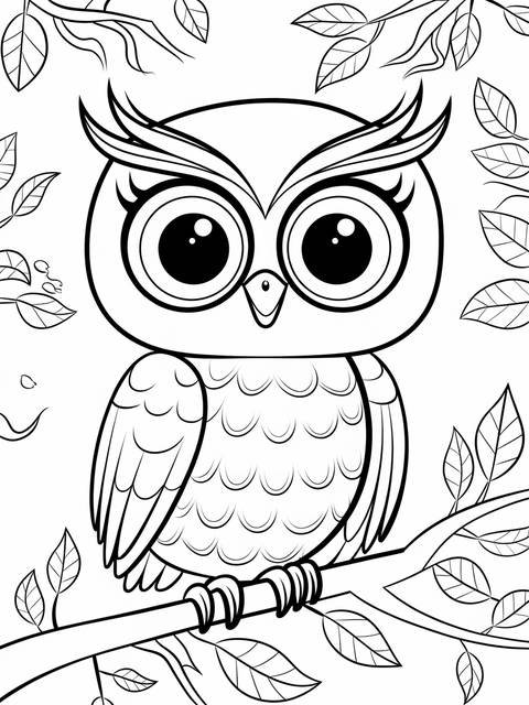 Line art of a beanie boo owl with large eyes perched on a branch