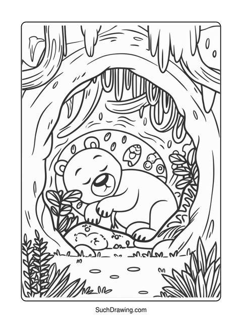 A coloring page of a sleeping bear in a tree hollow
