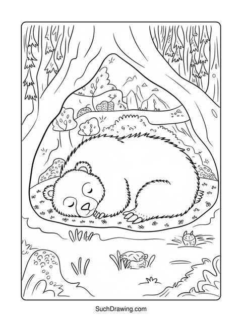 Line art of a sleeping bear in a den, surrounded by nature details
