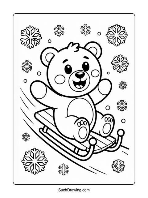 A happy bear cub sledding down a snowy hill, surrounded by snowflakes