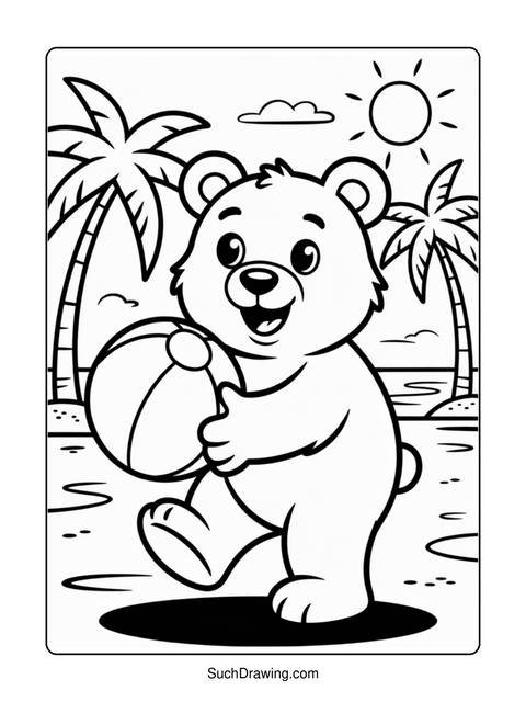 A bear holding a beach ball, with palm trees and a sun