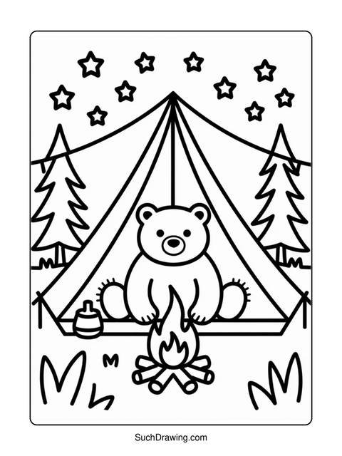 Black and white coloring page of a bear camping near a campfire