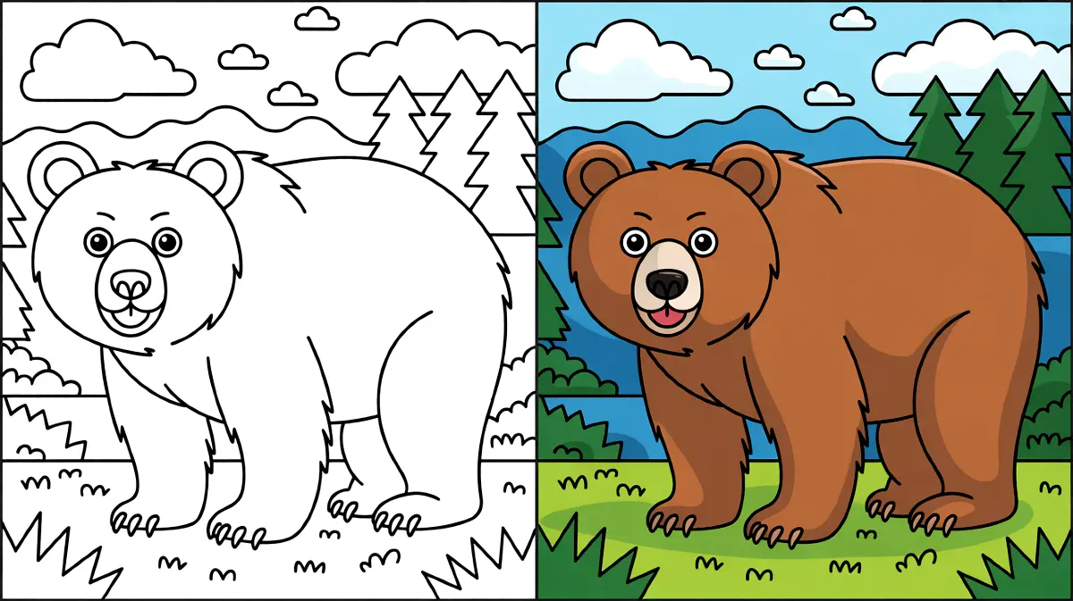 A bear coloring page featuring a brown bear in a forest scene
