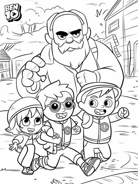 Ben 10 and his cousin, running with a large figure in the background