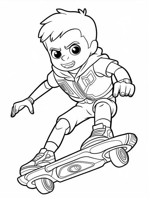 Ben 10's ben tennyson skateboarding, ready for action, in a coloring page