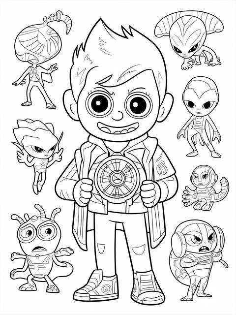 Ben 10, ben tennyson, wearing the omnitrix, surrounded by various alien forms