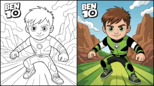 Ben 10 coloring page, a two-panel image showing the character in color and outline