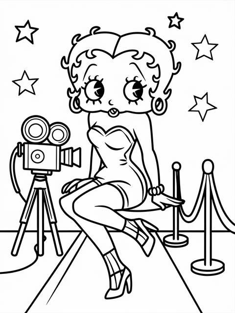 Betty boop as a hollywood star, posing with a camera and stars in the background