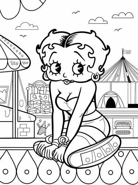 Betty boop at a carnival, illustrated in black and white, ready for coloring