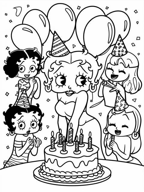 Betty boop celebrating with a birthday cake and balloons, surrounded by other betty boop characters