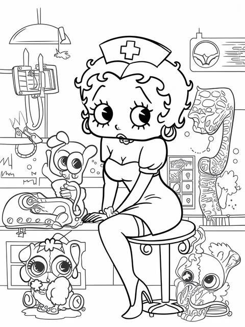 Betty boop dressed as a nurse, seated, surrounded by cartoonish medical equipment