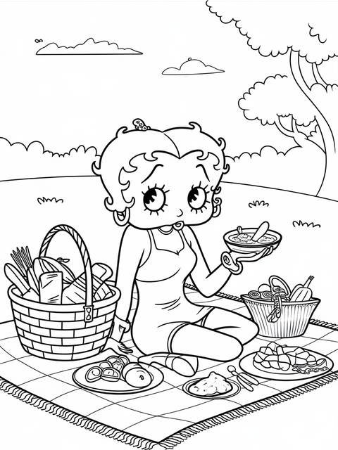 Betty boop enjoying a picnic with food and baskets on a checkered blanket