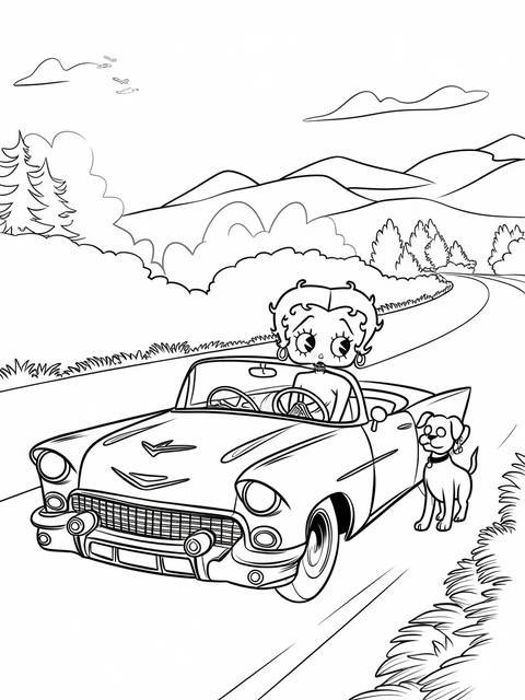 Betty boop in a vintage car with a dog, driving on a scenic road