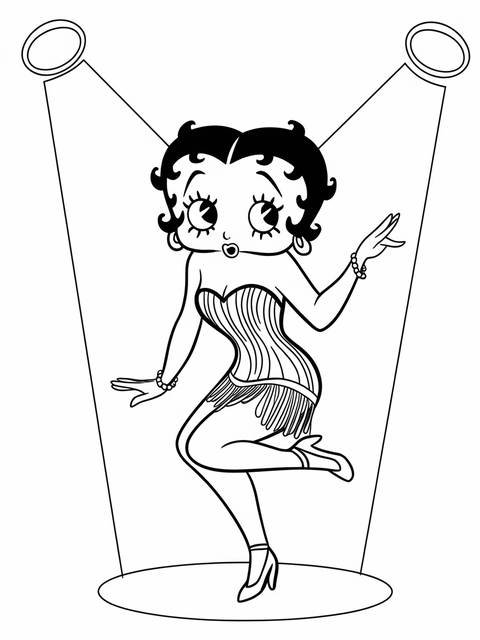 Betty boop performing on stage, illuminated by spotlights, striking a pose