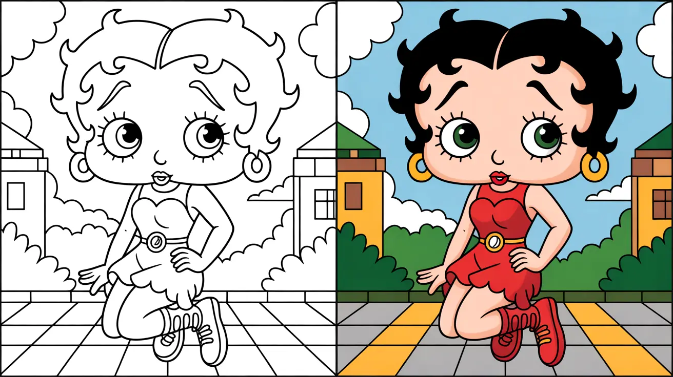 Betty boop coloring page: a two-panel image, one colored, one a line drawing