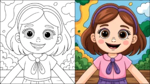 Bff coloring page: a two-panel image of a smiling girl, one colored