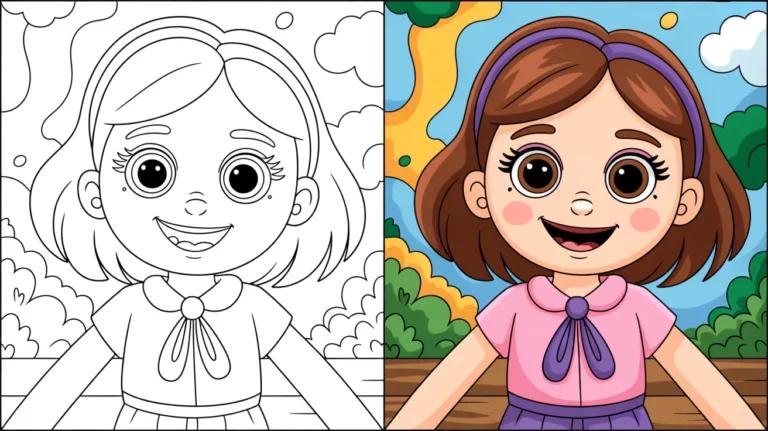 Bff coloring page: a two-panel image of a smiling girl, one colored