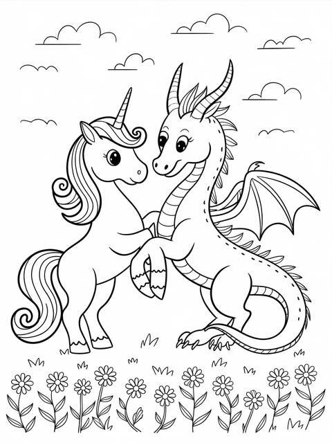 Bff coloring page: a unicorn and dragon, two fantasy creatures, standing together