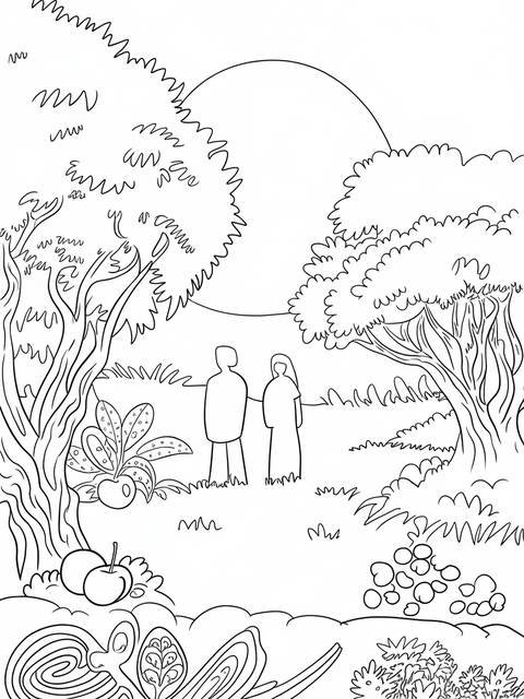 Bible-themed serene garden scene featuring two figures, trees, and fruit
