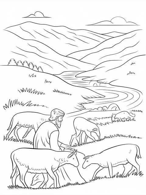 Line drawing of a shepherd tending to his flock of sheep in a landscape