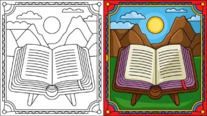 Bible coloring page: open book with mountains and sun, a two-panel image
