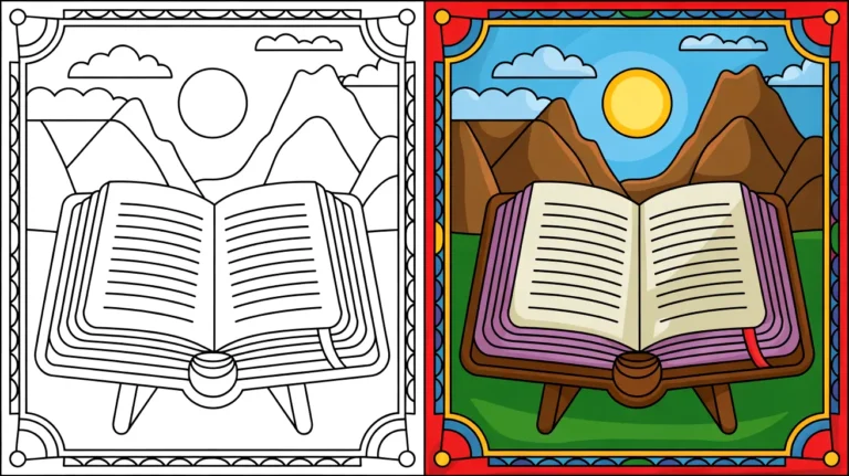 Bible coloring page: open book with mountains and sun, a two-panel image