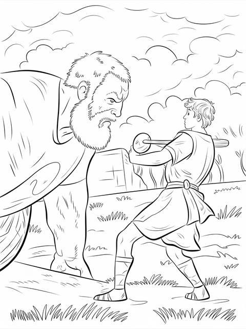 Bible scene depicting david preparing to slay goliath with a slingshot