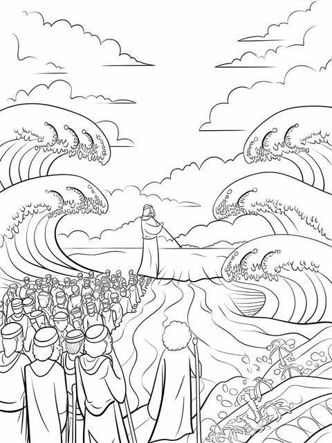 Moses parting the red sea, with people and waves, from a bible story