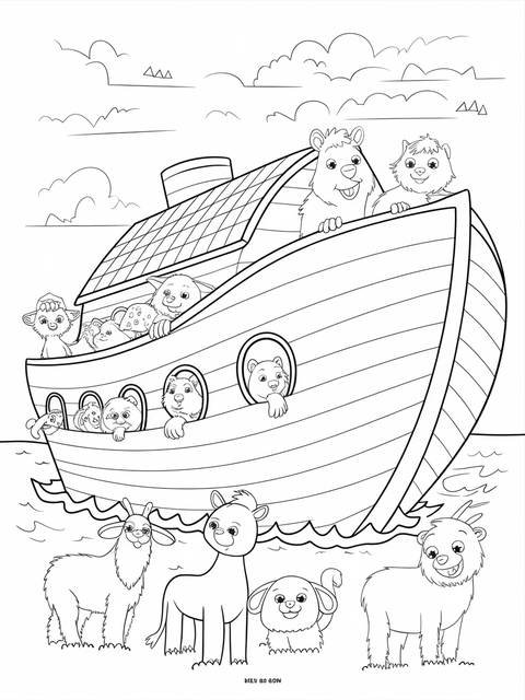 Black and white illustration of noah's ark with various animals, ready for coloring
