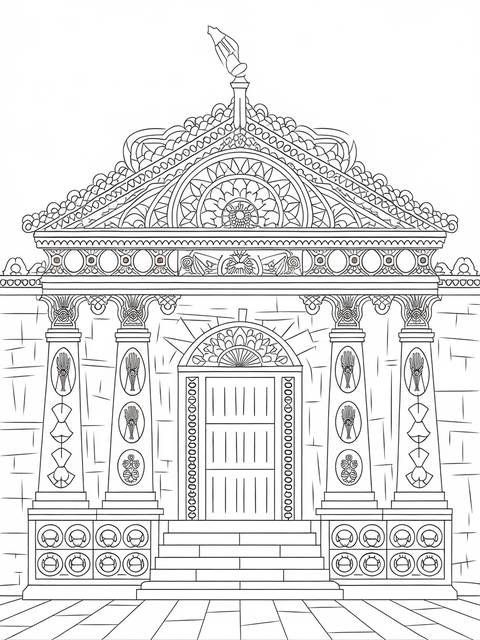 Ornate temple front coloring page, featuring detailed columns, doors, and architectural elements
