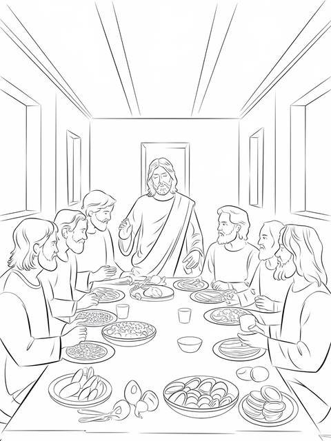 Line drawing of the last supper, depicting jesus with his disciples at a table