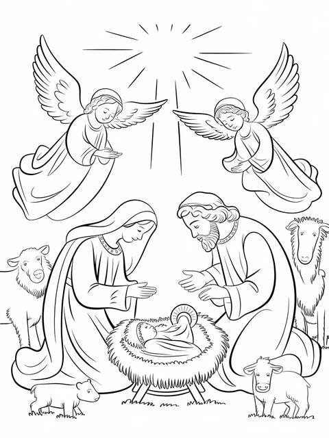 Nativity scene coloring page with mary, joseph, angels, and baby jesus in a manger